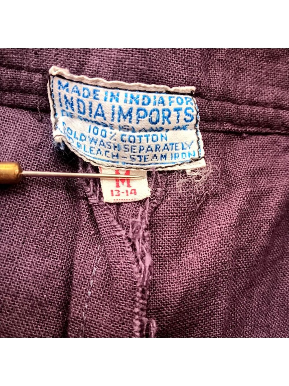 True Vintage Pants Medium 13-14 1970's Boho Wide-Leg Purple Linen Belt Tie India